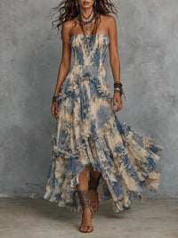 Vestido maxi elegante em chiffon estampado sem alças com folhos