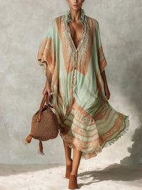 Vestido Maxi Estampado Verde con Dobladillo Deshilachado