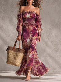 Vestido Maxi Chiffon Ombro a Ombro Rosa Creme com Estampa Floral