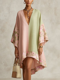 Vestido Midi com Blocos de Cor Verde e Rosa com Orla Floral