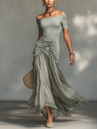 Vestido Maxi em Tecido Elástico Cinzento e Chiffon
