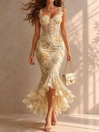 Vestido midi de sirena floral romántico con encaje