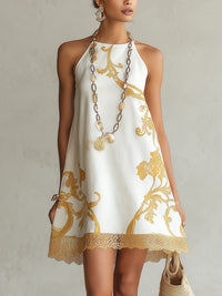 Vestido Curto em Renda com Estampado Ouro Branco