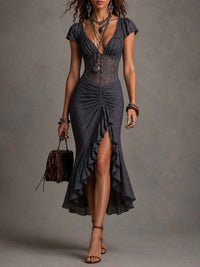 Vestido Midi Plissado em Renda Cinzento-Escuro