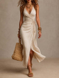 Vestido largo envolvente de lino sintético beige con bordes de encaje