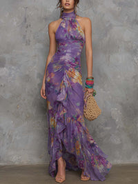 Vestido Maxi Elegante em Chiffon Roxo com Decote Americano