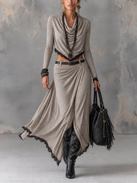 Lorenza | Conjunto de Top com Decote Drapeado e Saia Maxi com Renda, Cinzento