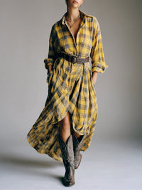Vestido camisero casual holgado de cuadros retro con cinturón