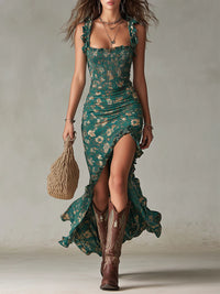 Vestido Maxi Estampado Verde Bohemio con Mangas con Volantes
