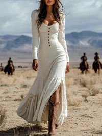 Vestido maxi sexy con botones de estilo occidental de manga larga
