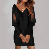 Vestido comprido com decote em V, mangas compridas, estampado, em renda patchwork