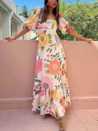 Vestido Maxi com Decote Quadrado e Mangas Balão com Estampado Floral