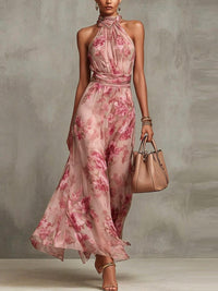 Vestido Maxi Halter em Chiffon Floral Rosa