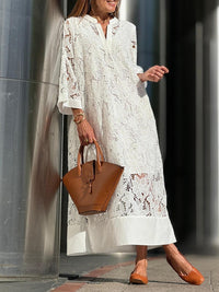 Vestido midi largo de encaje floral con mangas acampanadas y escote en V
