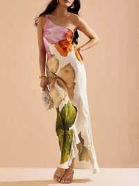 Vestido Maxi Elegante com Estampado Floral de Um Ombro Só