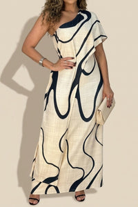 Vestido comprido de ombros descobertos com padrão abstrato