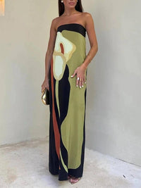 Vestido Maxi de Festa Estampado Color Block sem Alças