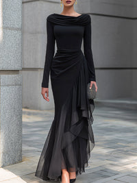Vestido Maxi Sereia Preto com Ombros Descobertos e Gola Drapeada em Chiffon com Franzidos