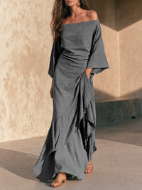 Evelina | Abito Maxi Minimal a Spalle Scoperte con Volant Asimmetrico, Grigio