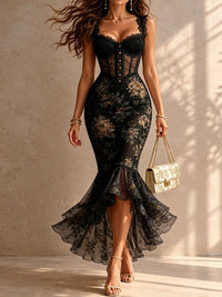 Vestido Midi Sereia Preto Romântico com Estilo Floral e Renda