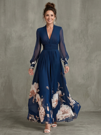Zelia | Vestido maxi com mangas plissadas transparentes