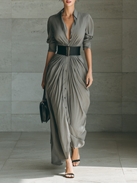 Zefirina | Abito Lungo a Camicia con Cintura Larga, Grigio