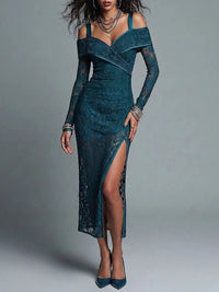 Vestido midi de noche ajustado con escote en V, manga larga y hombros descubiertos en encaje