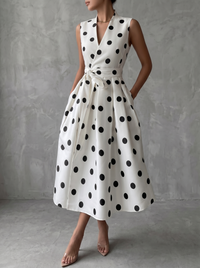 Vestido Midi Sem Mangas de Estilo Clássico às Bolinhas Pretas e Brancas