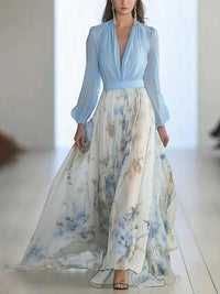 Vestido maxi deslumbrante com estampado floral e decote em V
