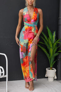 Vestido Maxi sin Mangas con Escote en V, Nudo Trasero y Abertura con Estampado Floral