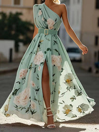 Vestido Maxi de Chifón Corte A Verde Claro con Volantes de un Solo Hombro