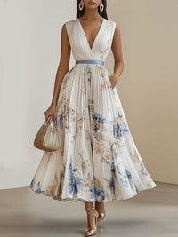 Vestido Midi em Linha A, Sem Mangas, em Chiffon Branco Plissado com Flores