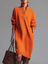 Vestido Midi de Punto con Botón Frontal y Solapa Naranja