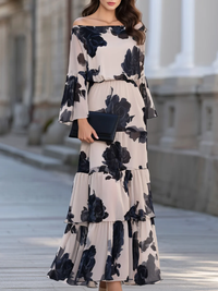 Vestido Maxi Elegante Bege Tomara-Que-Caia com Riscas e Folhos