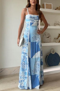 Vestido maxi camiseiro estampado com alças em ziguezague e laço nas costas