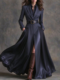 Azzurra | Abito Maxi con Revers in Stile Western e Cintura, Blu Navy