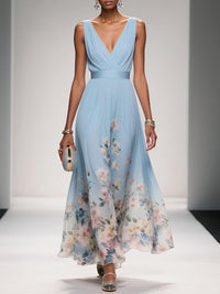 Vestido Maxi em Chiffon Floral Azul-Claro, Sem Mangas e com Corte em Linha A