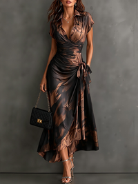 Vestido midi envolvente estampado abstracto marrón y negro con cuello camisero, escote en V, manga corta, cintura atada y bajo asimétrico con volantes