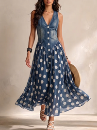 Adelina | Vestido longo efeito denim com bolinhas