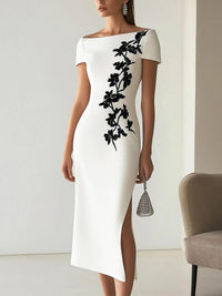 Vestido Midi com Estampado Floral Elegante e Decote à Barco