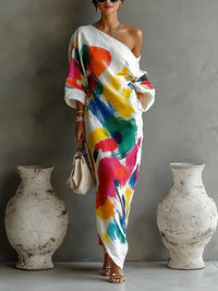Vestido Maxi Estampado Abstracto con Hombros Descubiertos