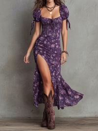Vestido Midi Boho Floral com Mangas Balão