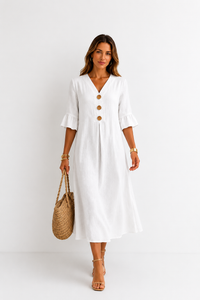 Vanesa | Vestido efeito linho com mangas bufantes