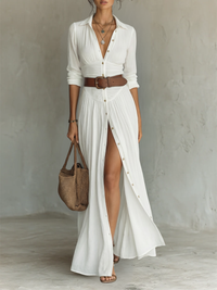 Valeria | Vestido maxi com colarinho de revers e mangas longas