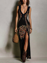 Vestido Estampado de Estilo Bohemio con Escote en V Profundo y Abertura Alta
