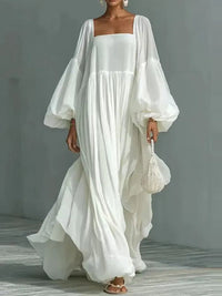 Vestido Maxi comprido com decote quadrado e mangas bufantes