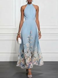Vestido Maxi sem Mangas em Chiffon Floral Azul