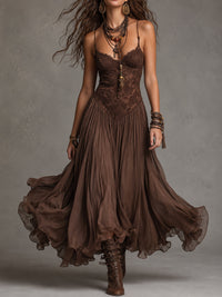 Vestido Maxi em Chiffon com Painéis em Renda Castanho-Escuro