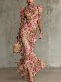 Vestido largo con estampado de rosas vintage y mangas abullonadas (accesorios no incluidos)