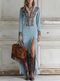 Vestido Maxi de Piel Sintética Bordado con Flecos y Media Cremallera